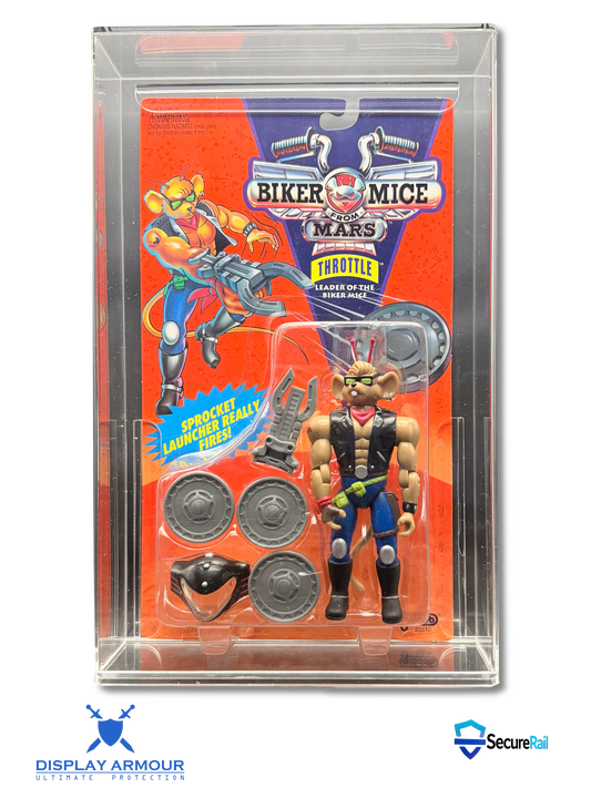 Biker Mice From Mars mint on card figure front view in acrylic display case.