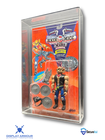 Biker Mice From Mars mint on card figure side angle in acrylic display case.