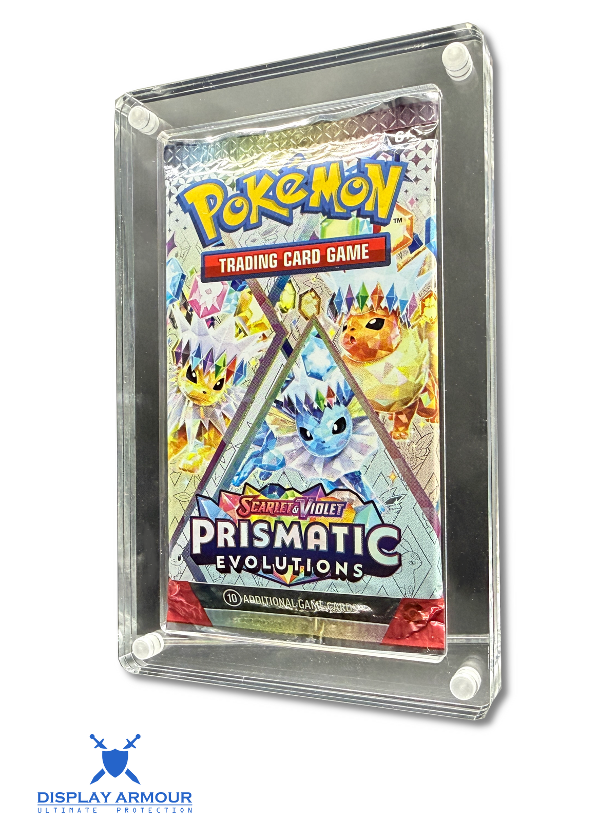 Pokémon Booster Pack acrylic display case protecting a sealed Pokémon TCG booster pack with ArmourLock™ magnetic closure