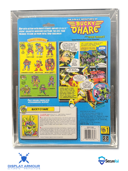 Bucky O’Hare mint on card figure rear cardback in acrylic display case.