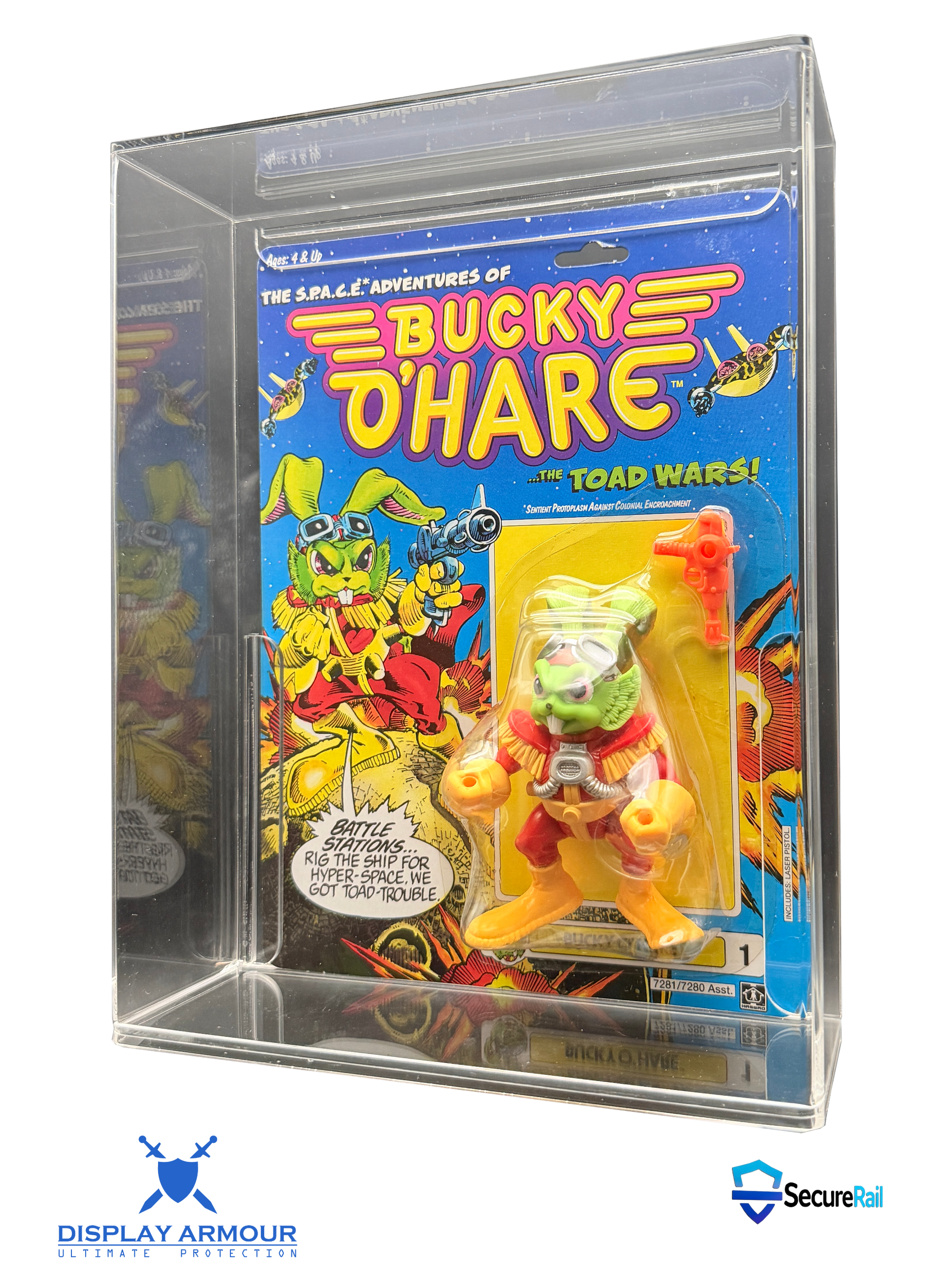 Bucky O’Hare mint on card figure side angle in acrylic display case.