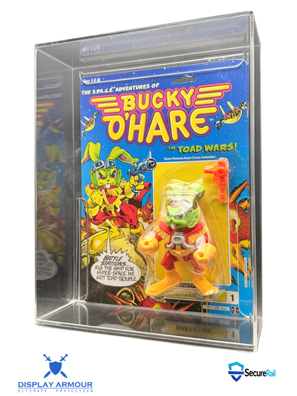 Bucky O’Hare mint on card figure side angle in acrylic display case.
