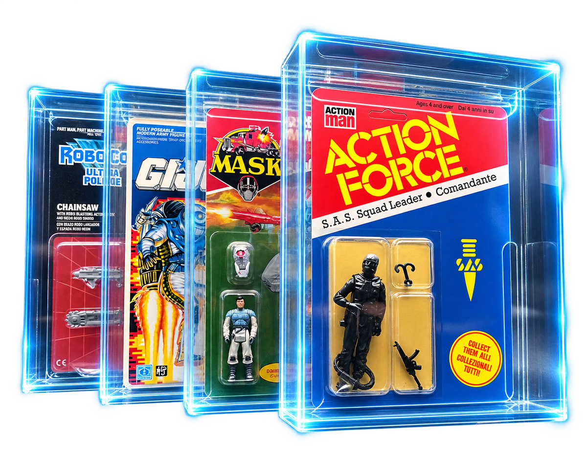 Vintage combat and science-fiction figures in Display Armour cases