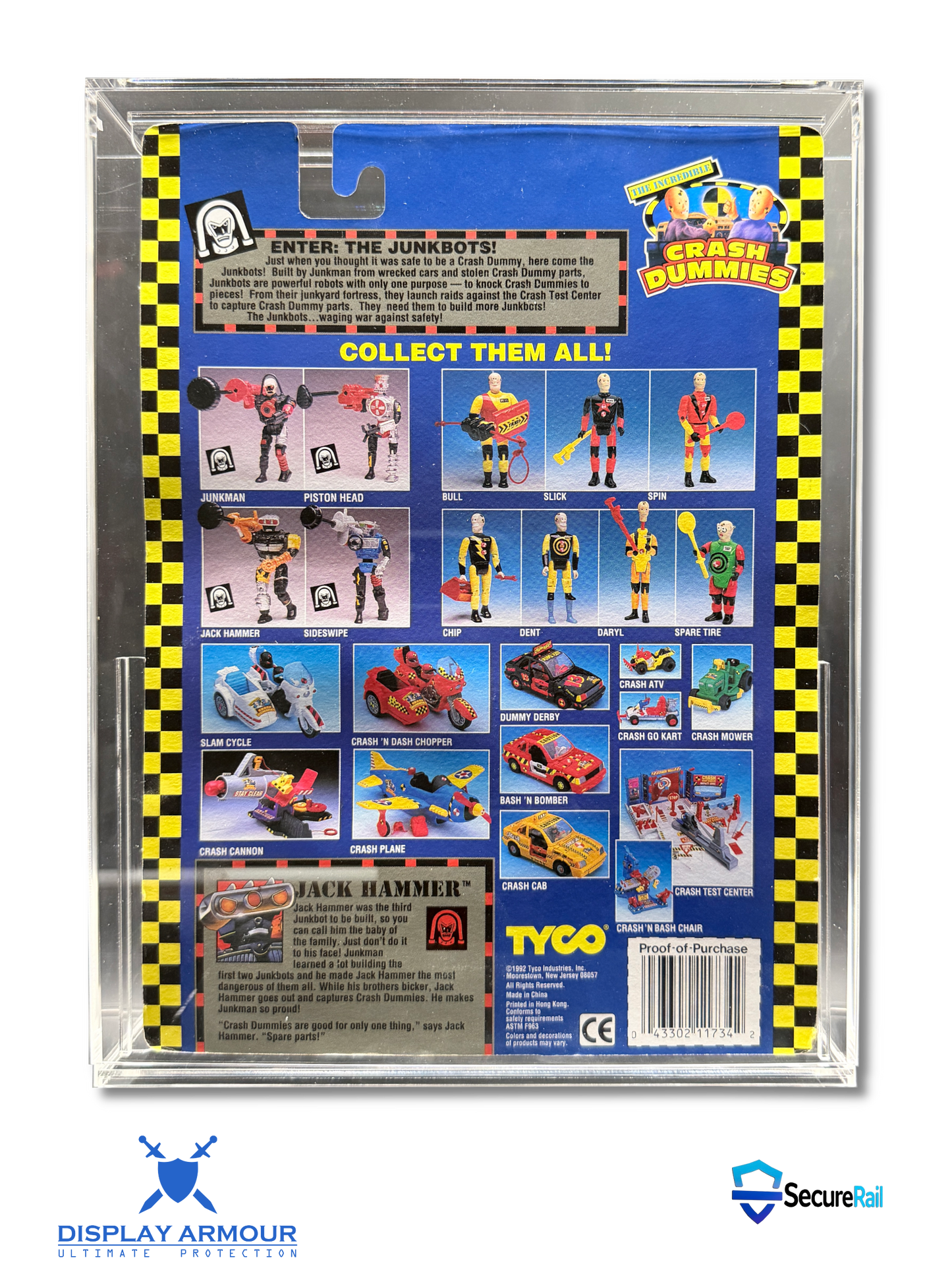 Back of a Tyco Crash Dummies action figure blister pack, showing collectible figure photos, product text, and a barcode inside a clear plastic case.