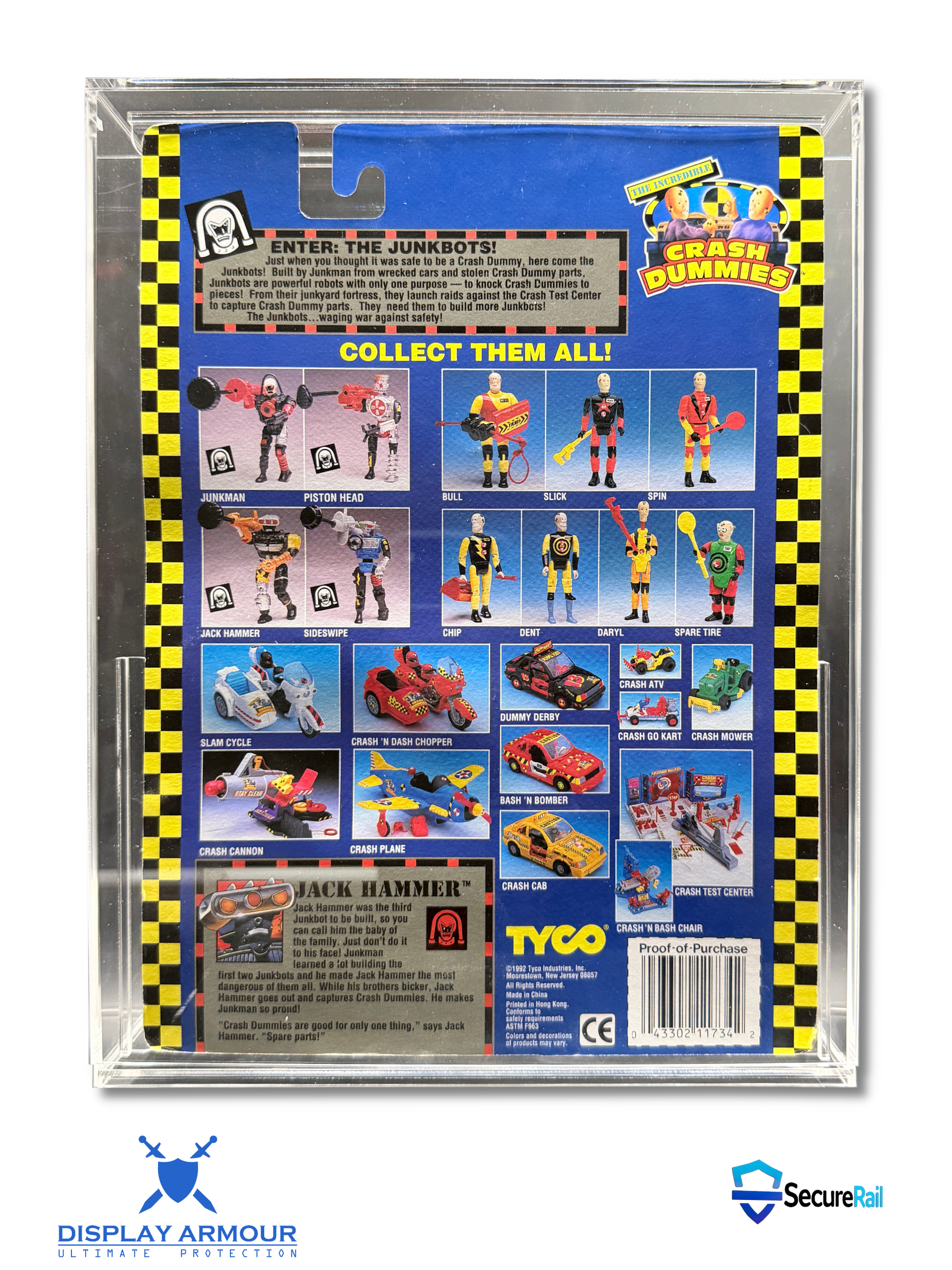 Back of a Tyco Crash Dummies action figure blister pack, showing collectible figure photos, product text, and a barcode inside a clear plastic case.
