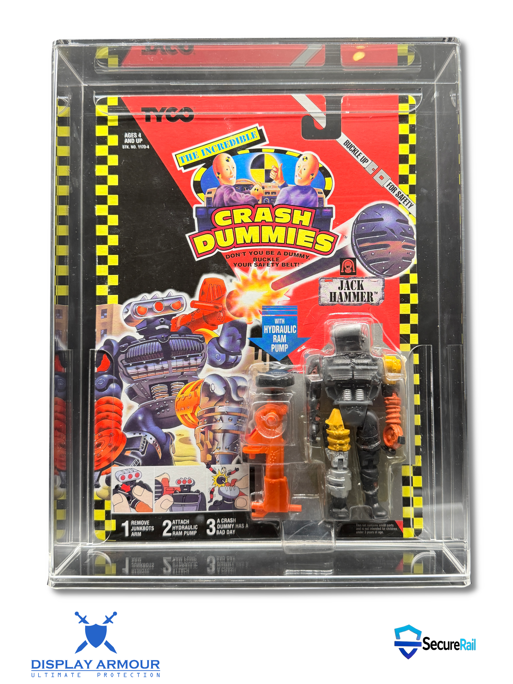 A packaged action figure displayed inside a clear acrylic case. The figure is from the TVC 'Crash Dummies' series and is labeled 'Jack Hammer'.