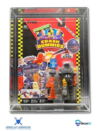 A packaged action figure displayed inside a clear acrylic case. The figure is from the TVC 'Crash Dummies' series and is labeled 'Jack Hammer'.