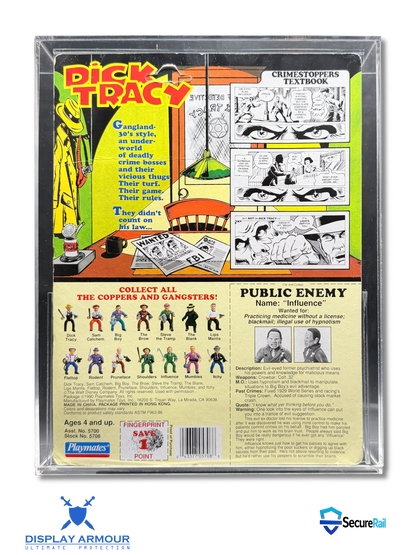 Back of a Dick Tracy collectible toy package inside a clear plastic display case, showing comic book panels, character figures, and printed product information on a white background.