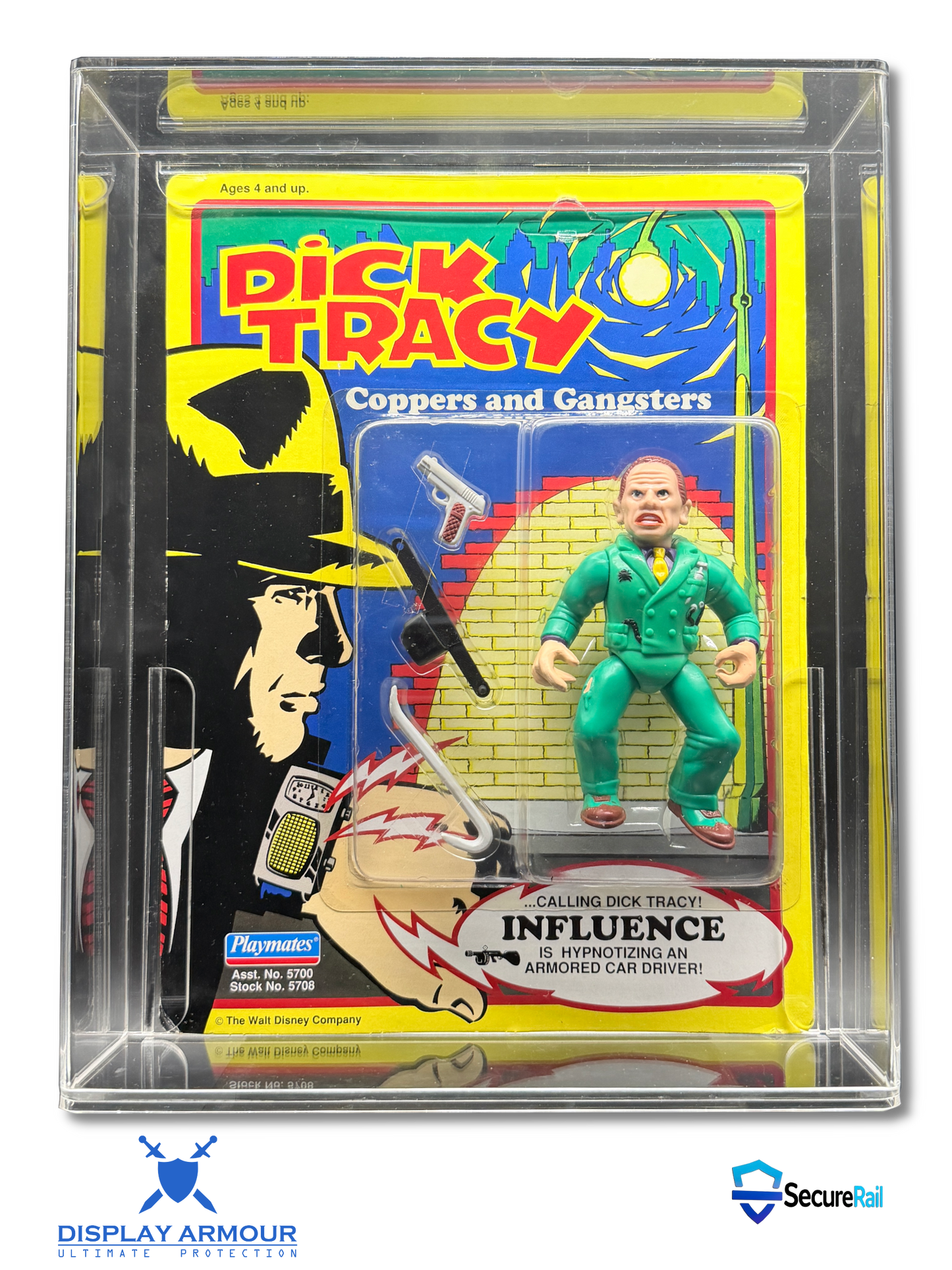 A sealed vintage Dick Tracy action figure in a clear plastic display case. The figure is wearing a green suit and stands beside its illustrated card backing, which features Dick Tracy artwork and the text 'Calling Dick Tracy Influence.