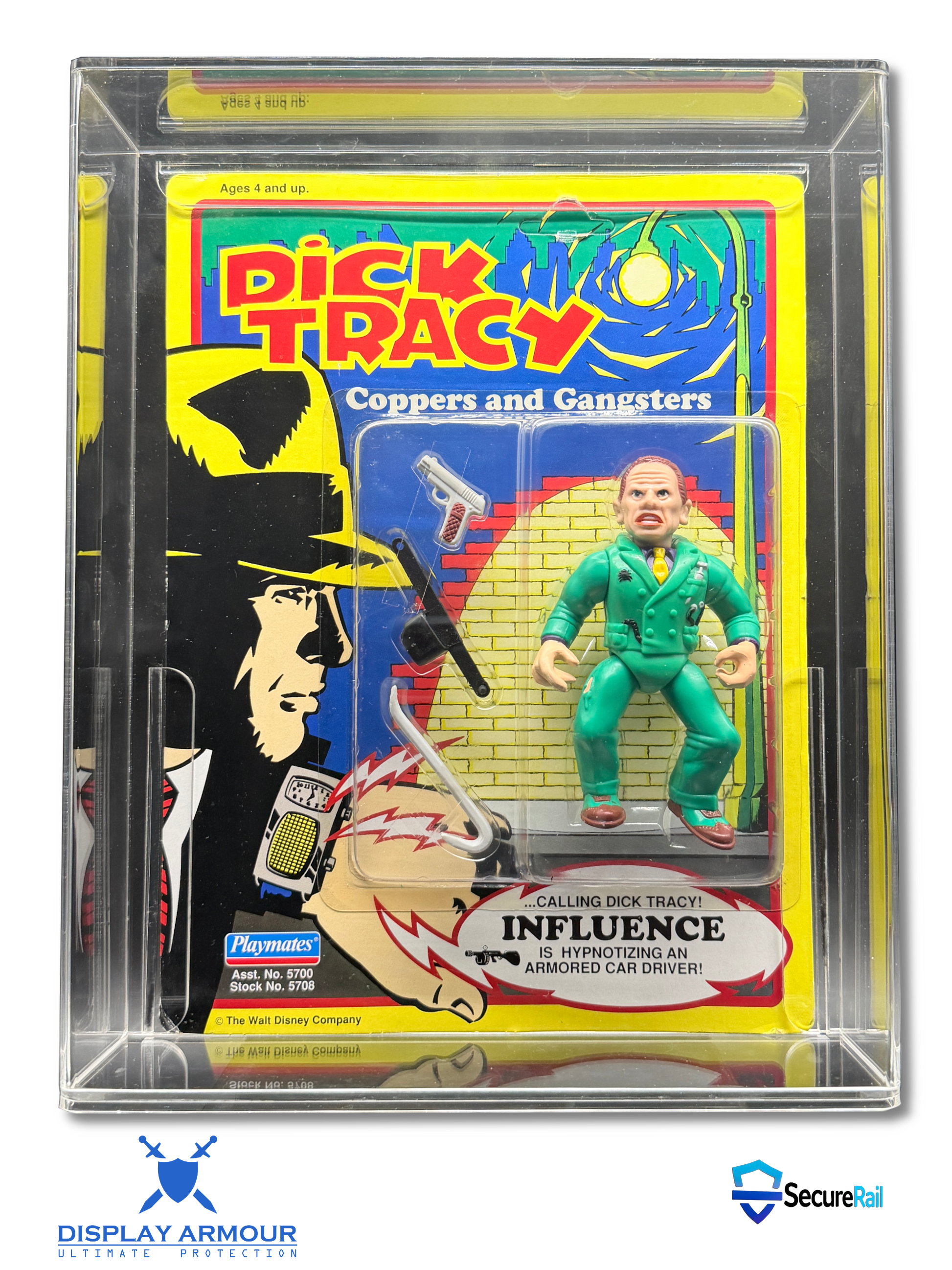 A sealed vintage Dick Tracy action figure in a clear plastic display case. The figure is wearing a green suit and stands beside its illustrated card backing, which features Dick Tracy artwork and the text 'Calling Dick Tracy Influence.