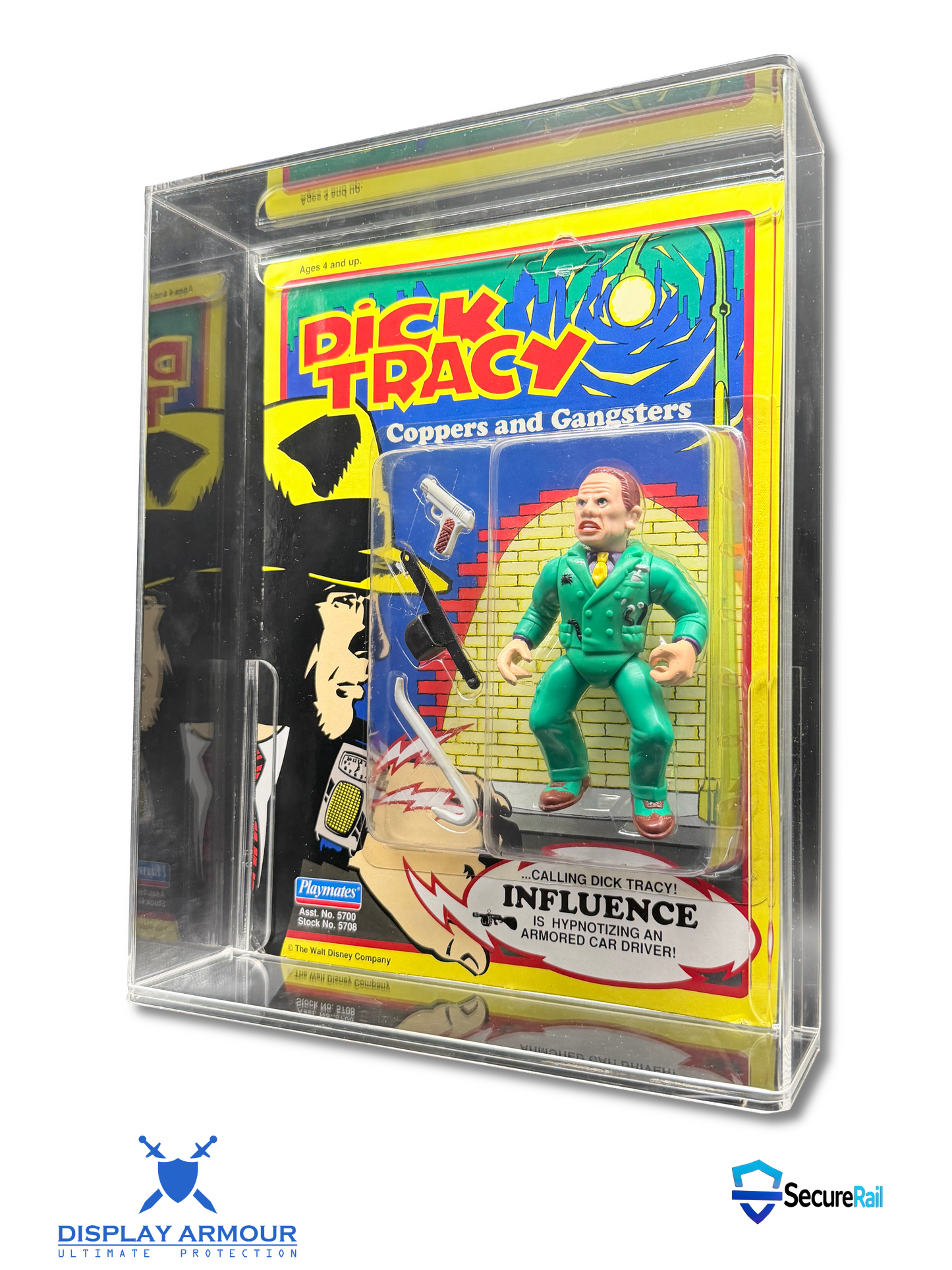 A clear acrylic display case containing a vintage-style Dick Tracy action figure card, photographed on a white background with Display Armour and Secure2 logos at the bottom.
