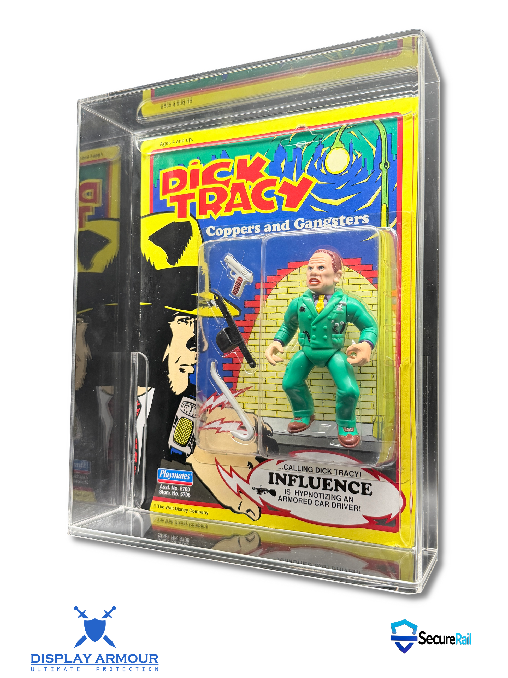 A clear acrylic display case containing a vintage-style Dick Tracy action figure card, photographed on a white background with Display Armour and Secure2 logos at the bottom.