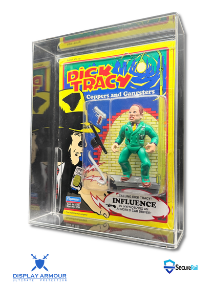 A clear acrylic display case containing a vintage-style Dick Tracy action figure card, photographed on a white background with Display Armour and Secure2 logos at the bottom.