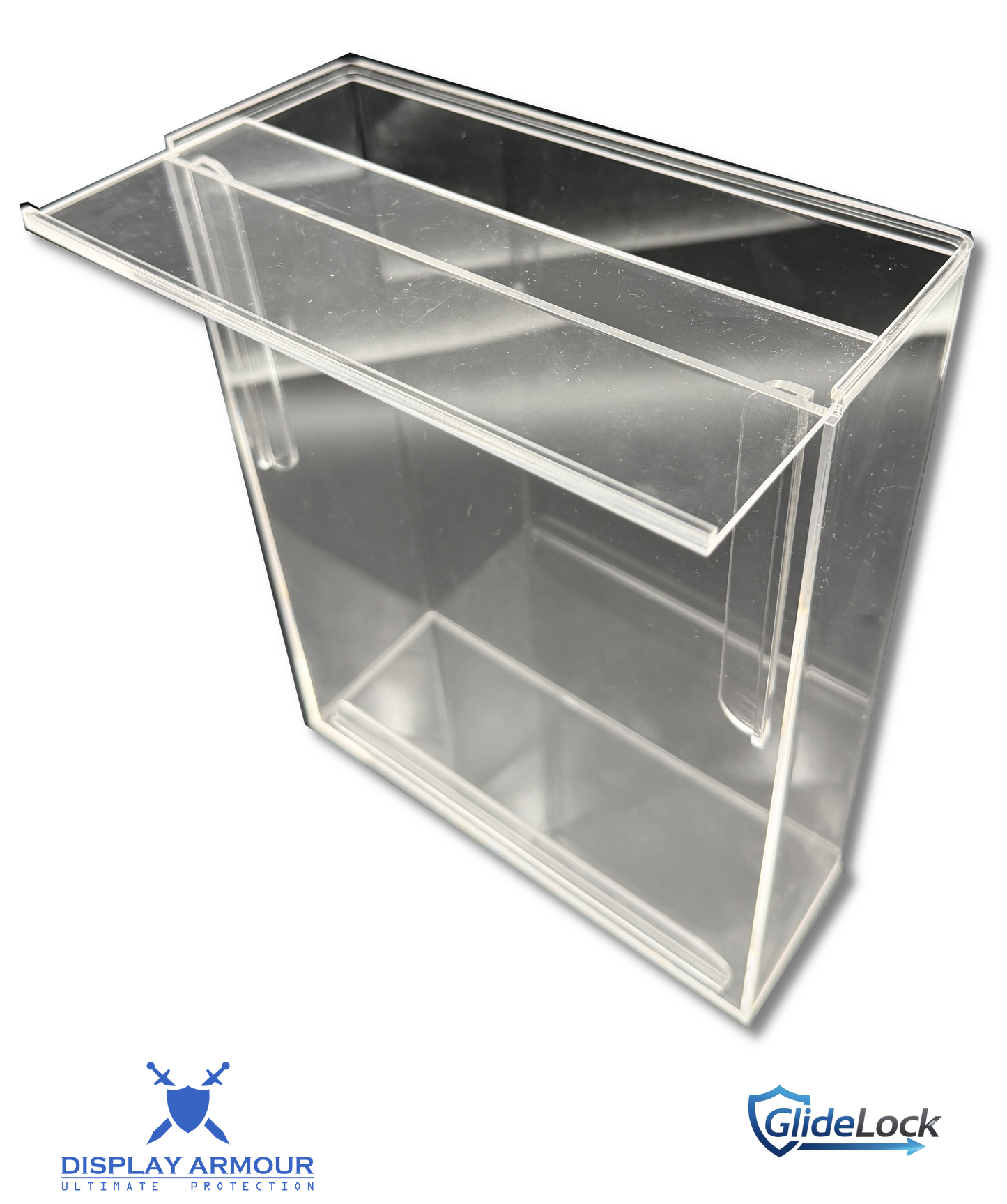 Clear acrylic display case with GlideLock branding on a white background