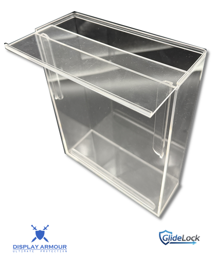 Clear acrylic display case with GlideLock branding on a white background
