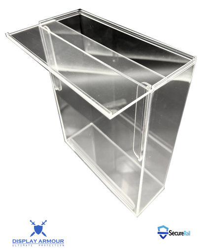 Clear acrylic display case with a white background