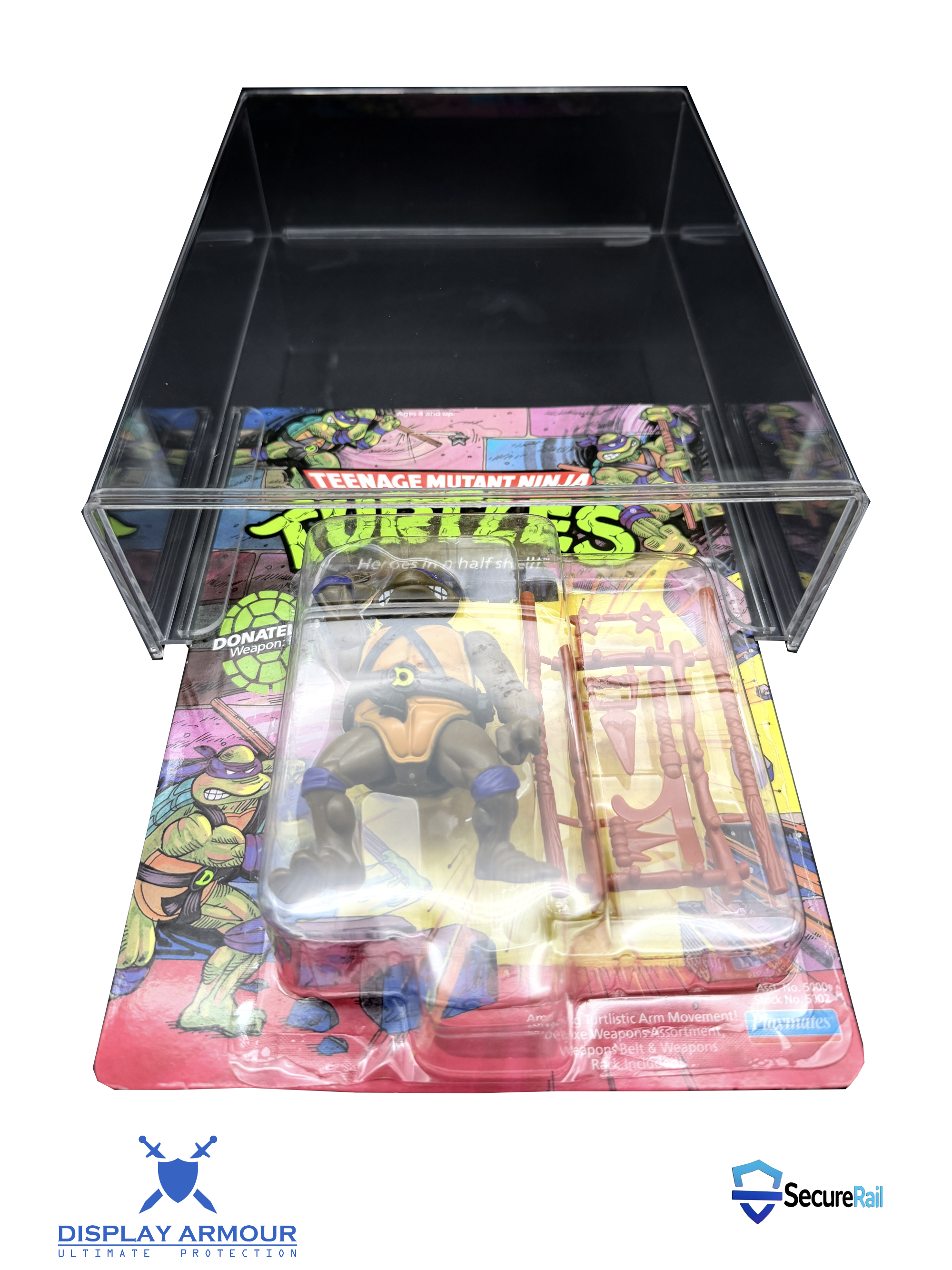Carded action figure being inserted into a Display Armour acrylic case