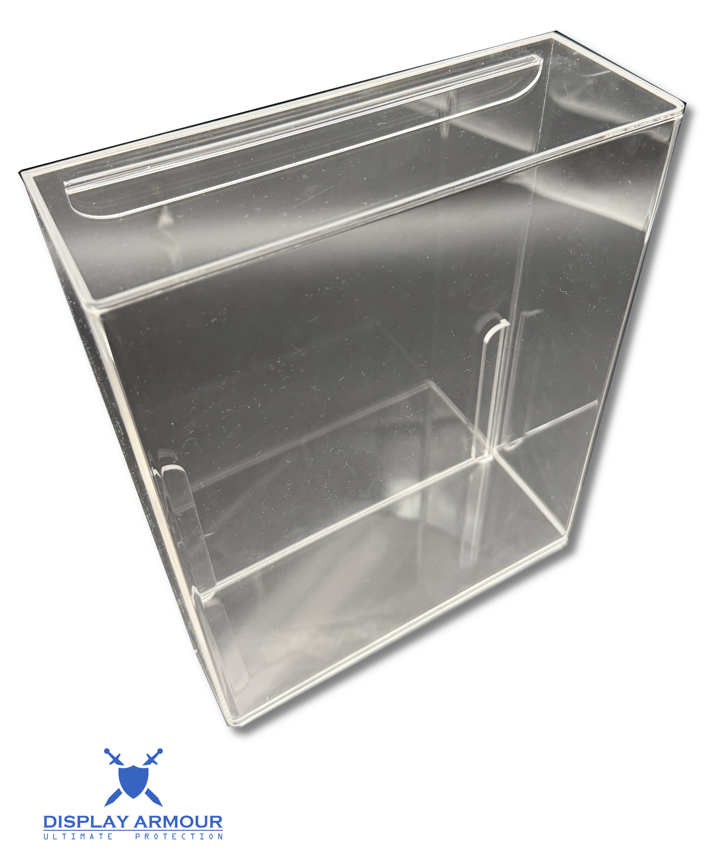 Clear acrylic display case with handles on a white background, branded 'Display Armour'.
