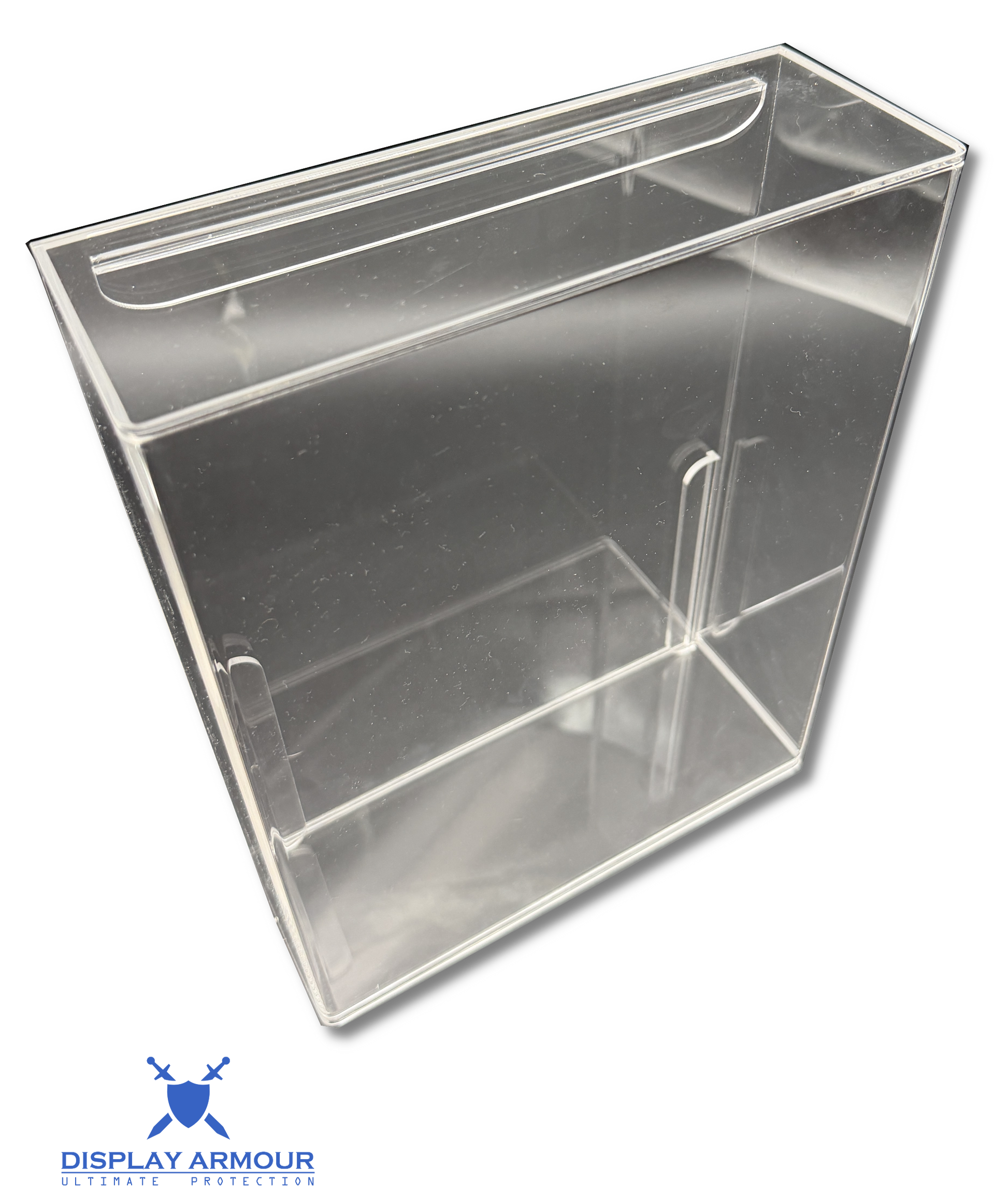 Clear acrylic display case with handles on a white background, branded 'Display Armour'.