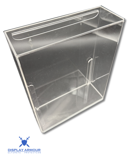 Clear acrylic display case with handles on a white background, branded 'Display Armour'.
