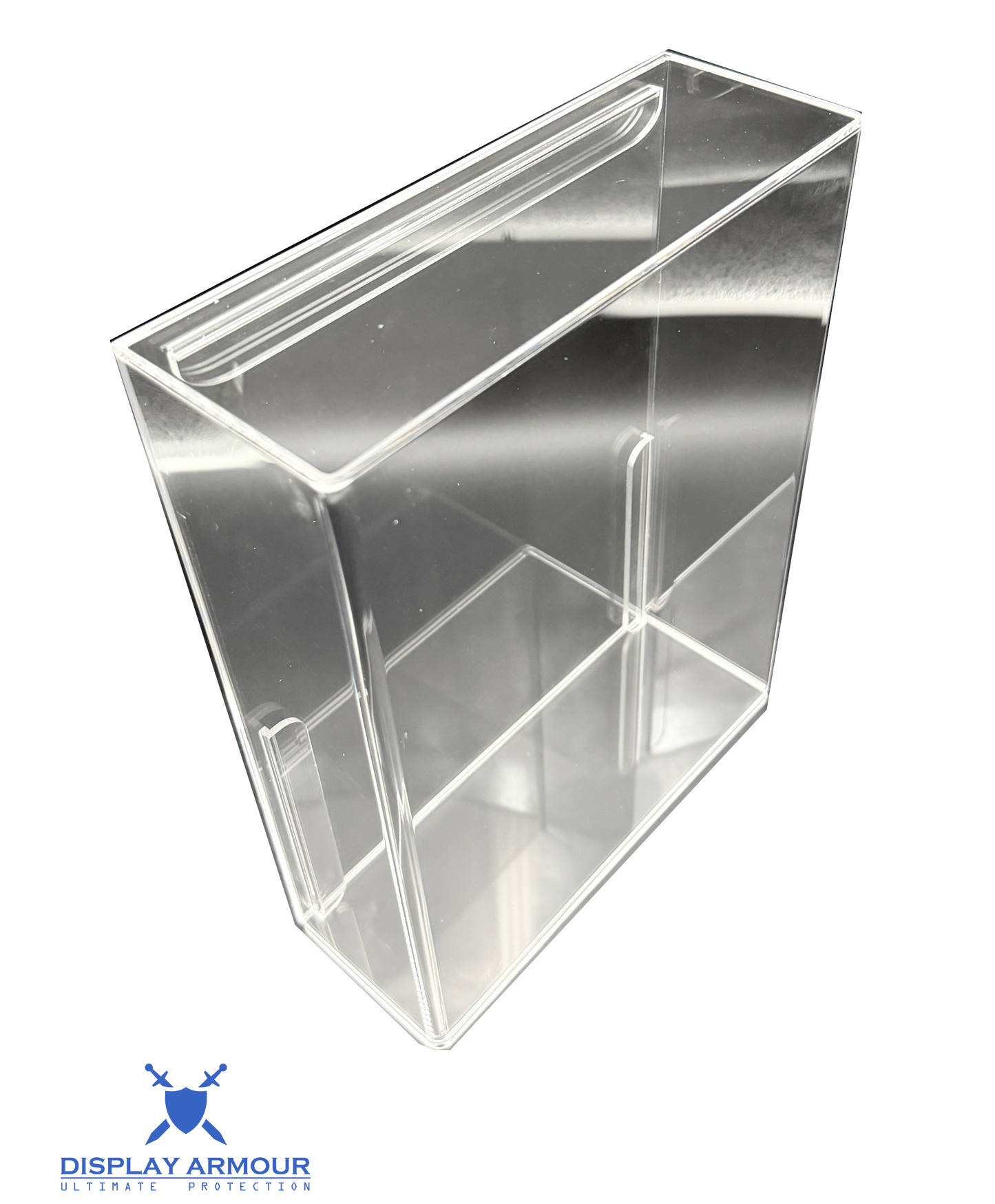 Clear acrylic display case with a lid on a white background, branded 'Display Armour'.