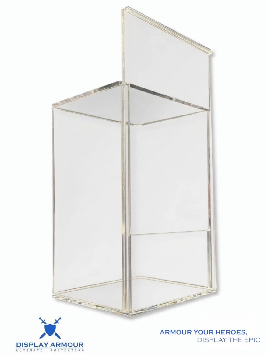 Clear acrylic display case on a gray background with 'Display Armour' branding.