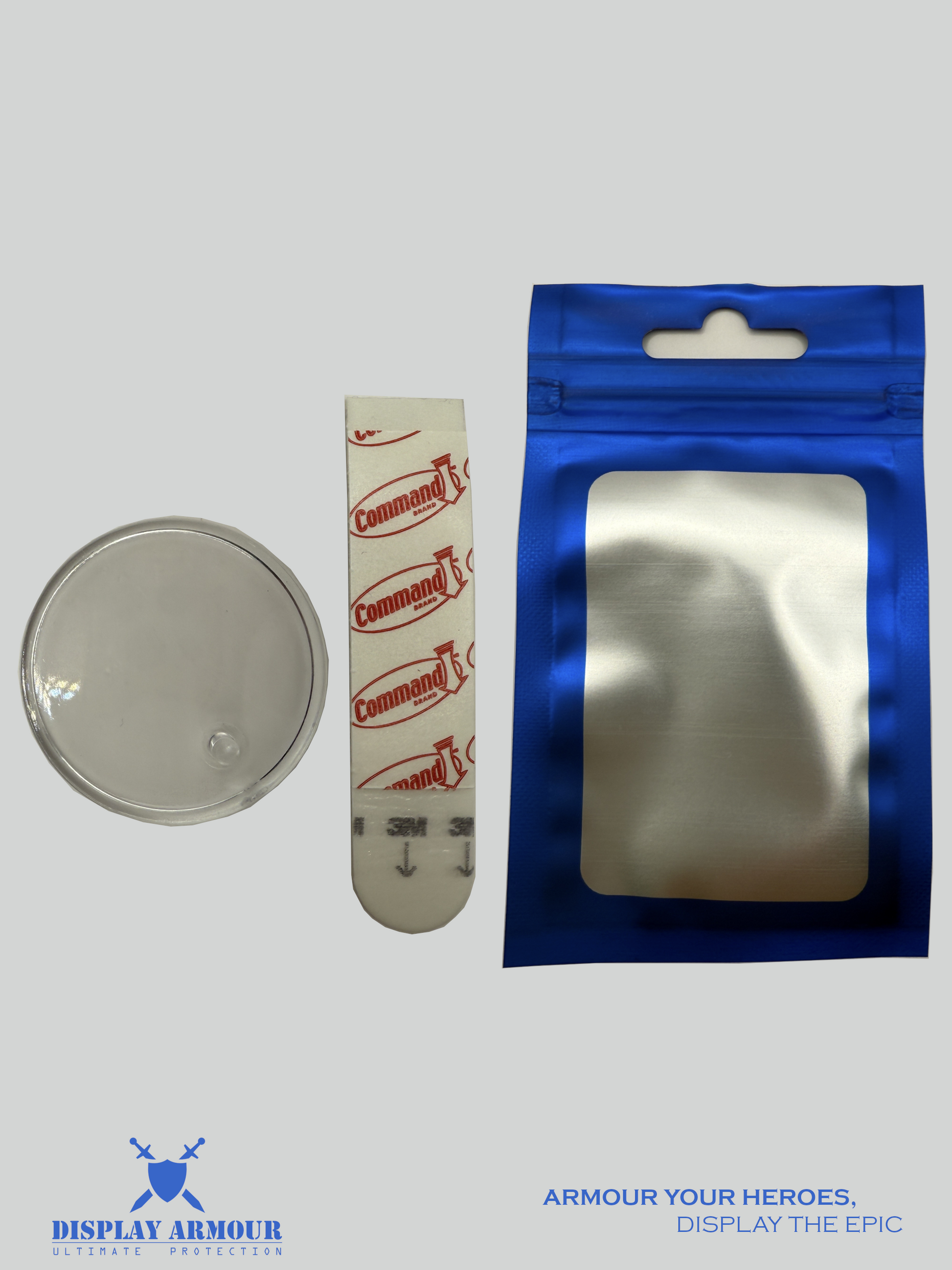 Display Armour stand pack contents including acrylic stand, Command strip, and resealable storage bag