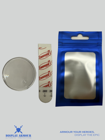 Display Armour stand pack contents including acrylic stand, Command strip, and resealable storage bag
