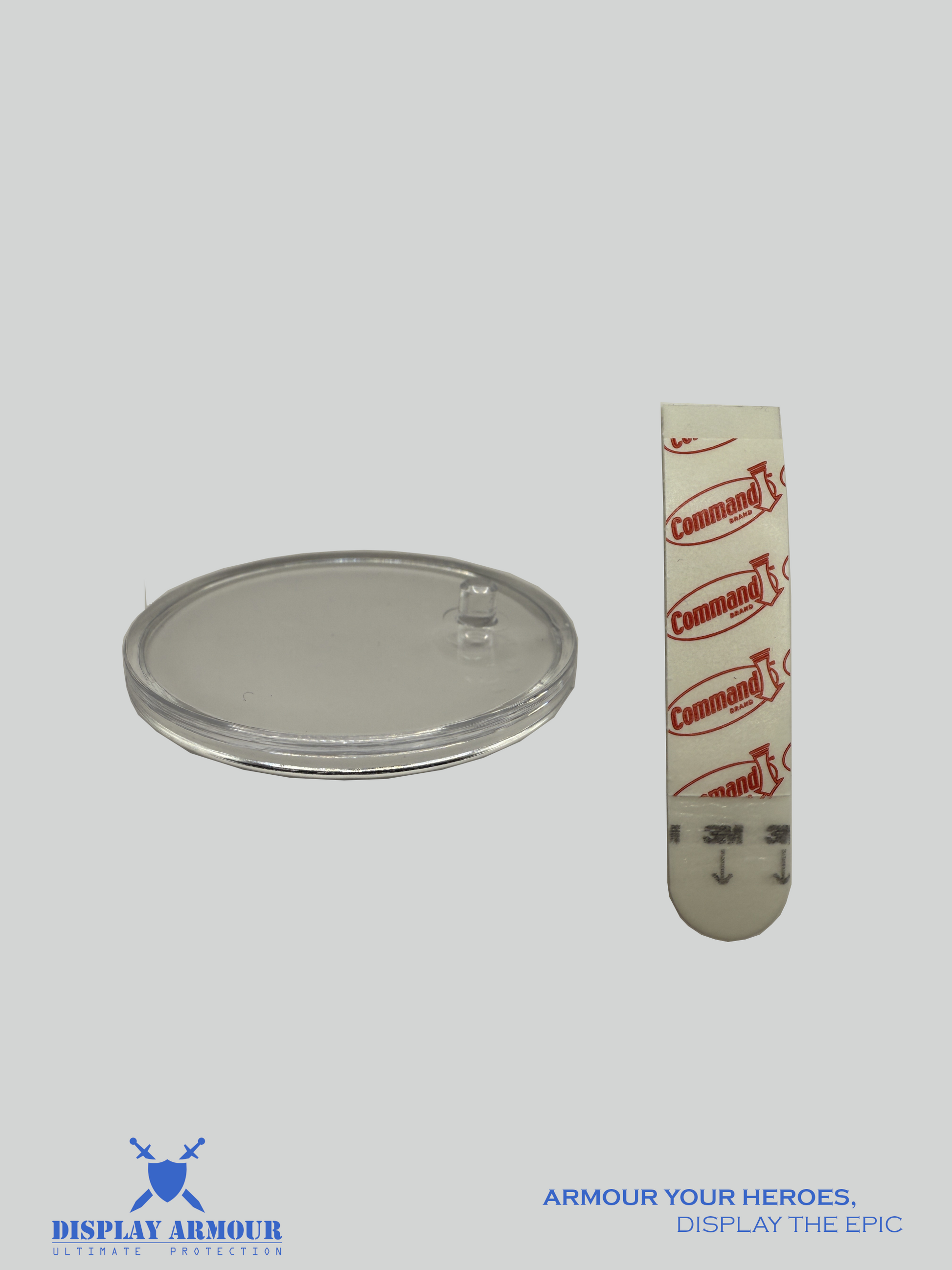 Acrylic display stand and Command strip included in the Display Armour stand pack