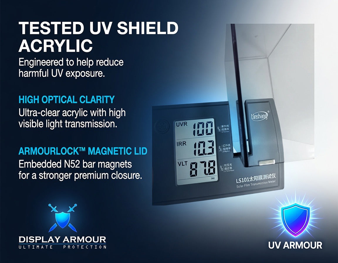 Display Armour UV Shield Acrylic with features highlighted on a dark background