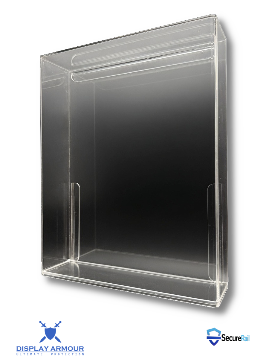 Empty acrylic display case side view