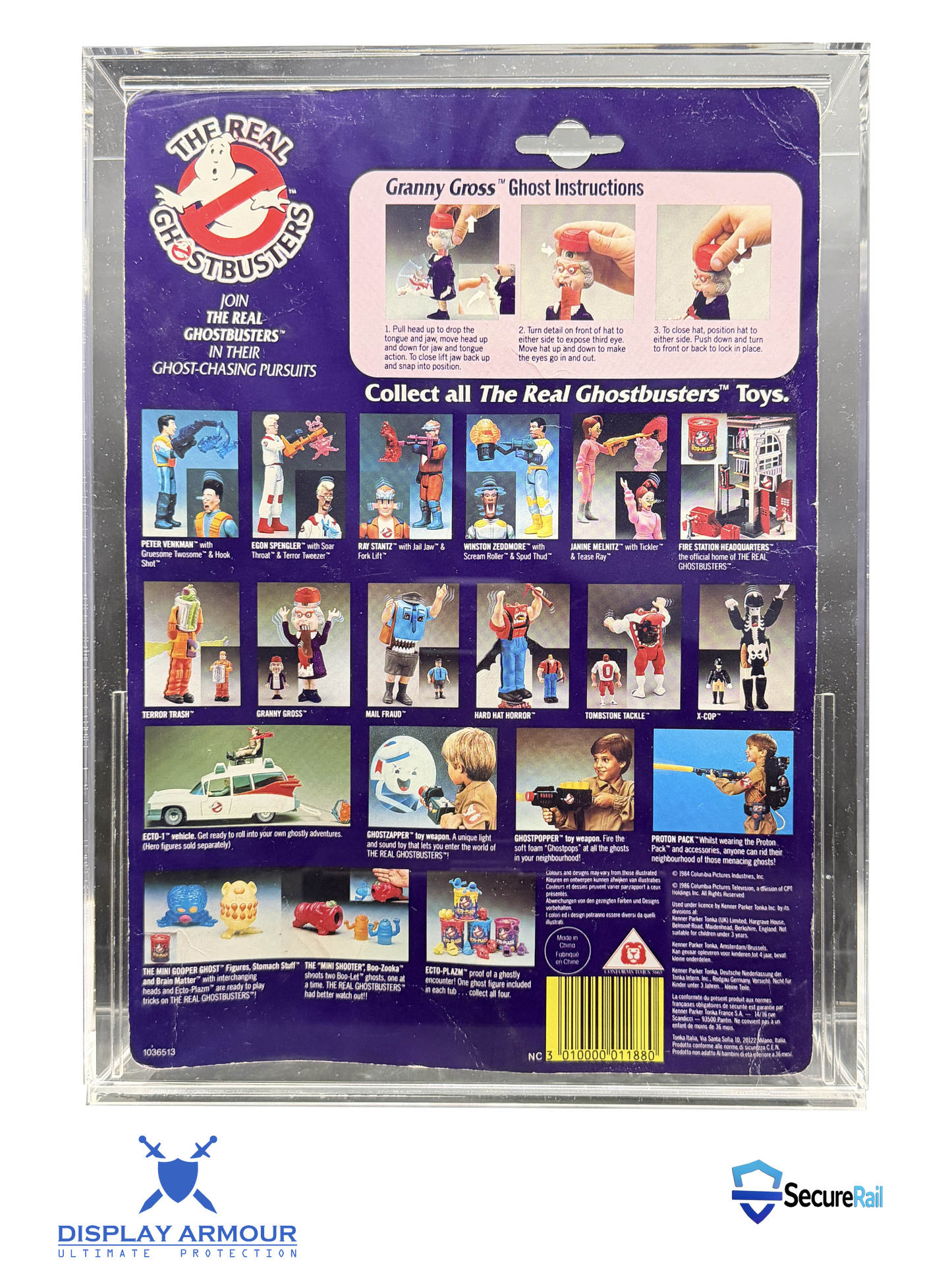 Ghostbusters deep bubble mint on card figure rear cardback in acrylic display case.