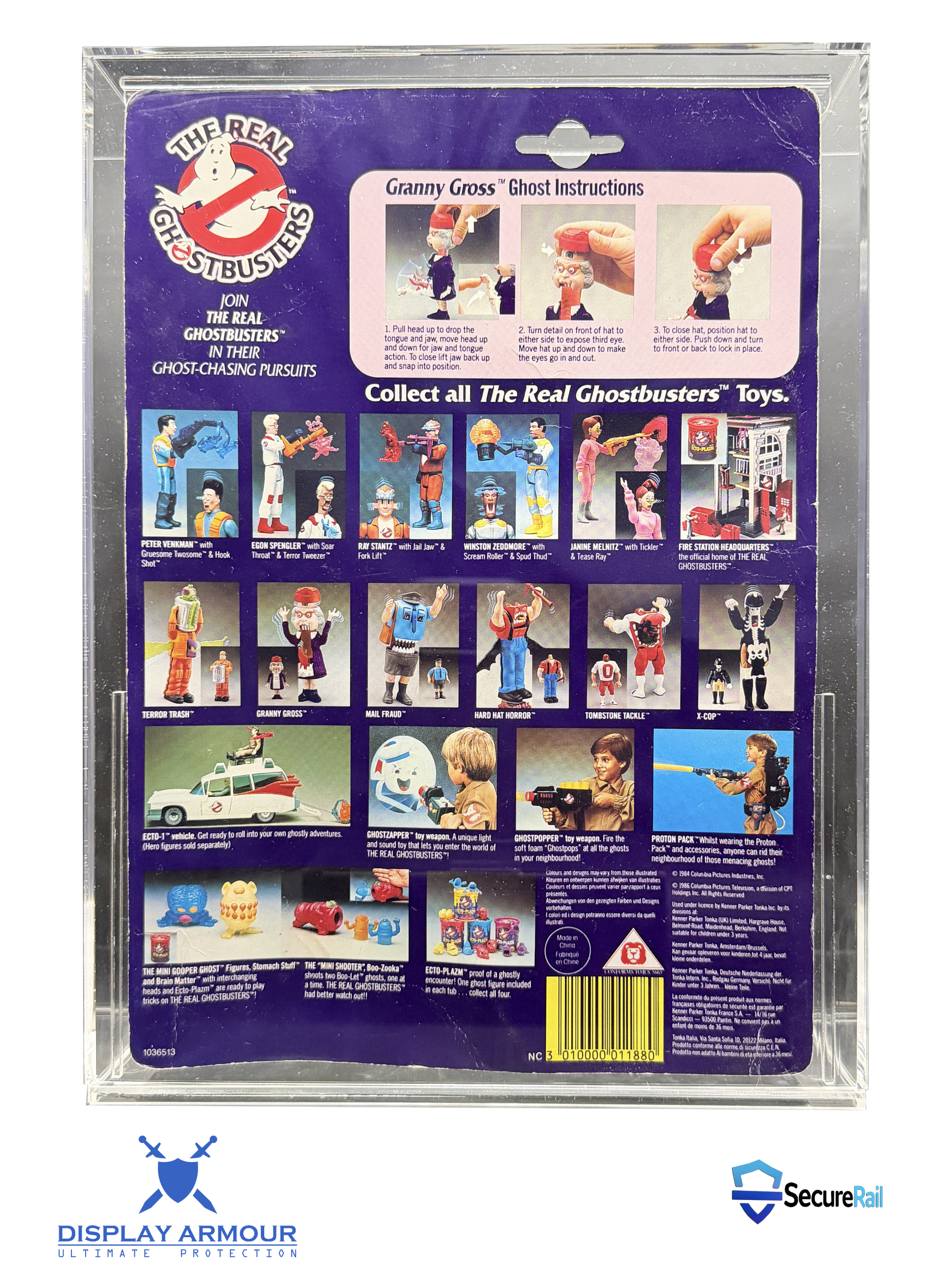 Ghostbusters deep bubble mint on card figure rear cardback in acrylic display case.