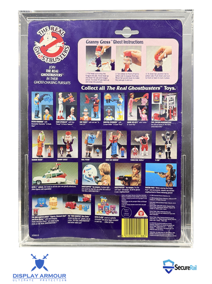 Ghostbusters deep bubble mint on card figure rear cardback in acrylic display case.