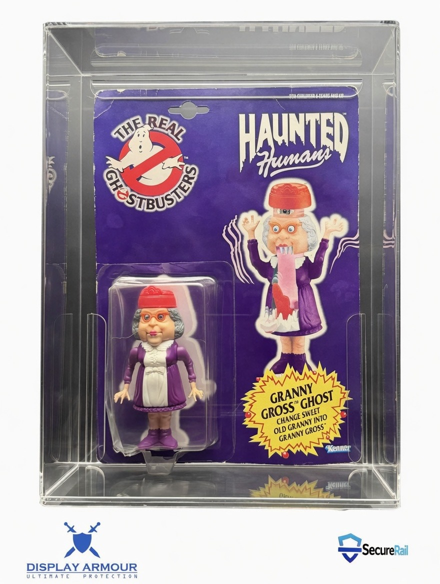 Ghostbusters deep bubble mint on card figure front view in acrylic display case.