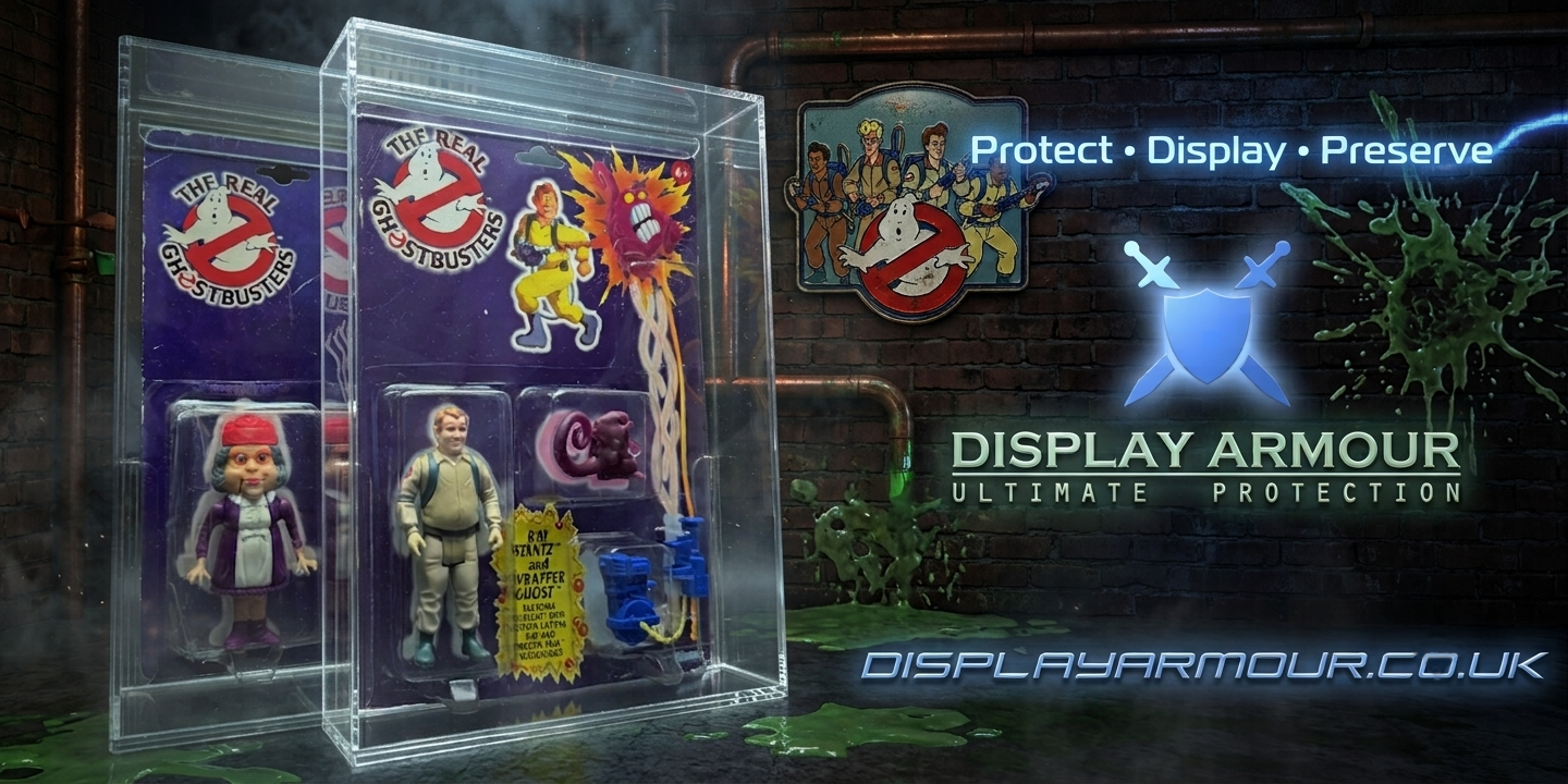 A Ghostbusters collectible figure displayed inside a clear acrylic protective case, set against a dark brick wall background with promotional text for Display Armour.