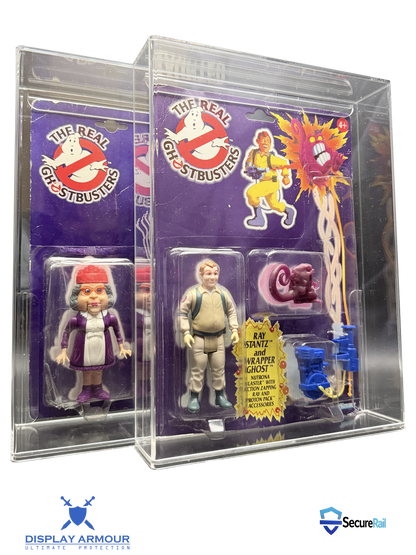Ghostbusters mint on card figures displayed together in acrylic cases.