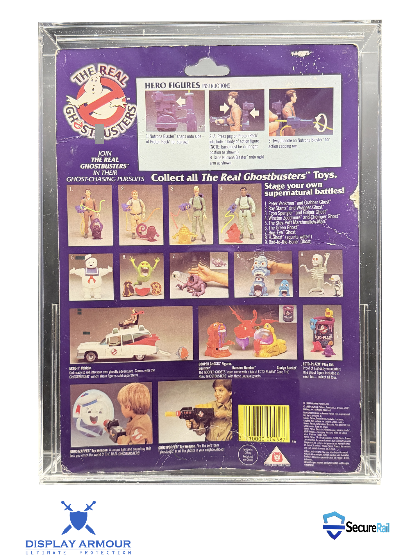 Ghostbusters mint on card figure rear cardback in acrylic display case.