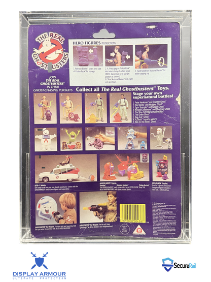 Ghostbusters mint on card figure rear cardback in acrylic display case.