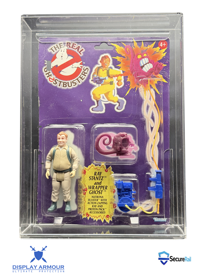 Ghostbusters mint on card figure front view in acrylic display case.