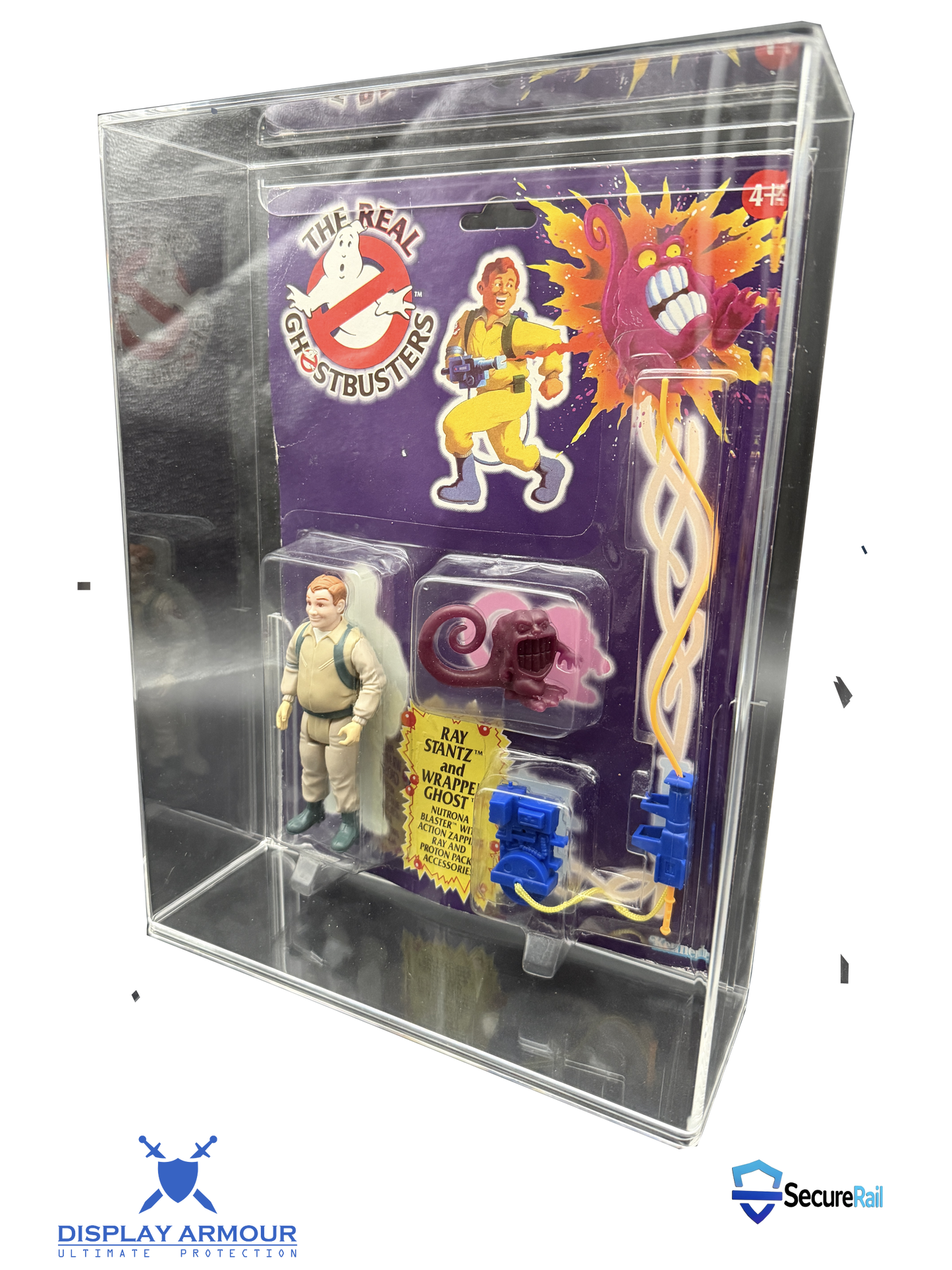 Toy figure in packaging with Ghostbusters branding, displayed in a clear stand.