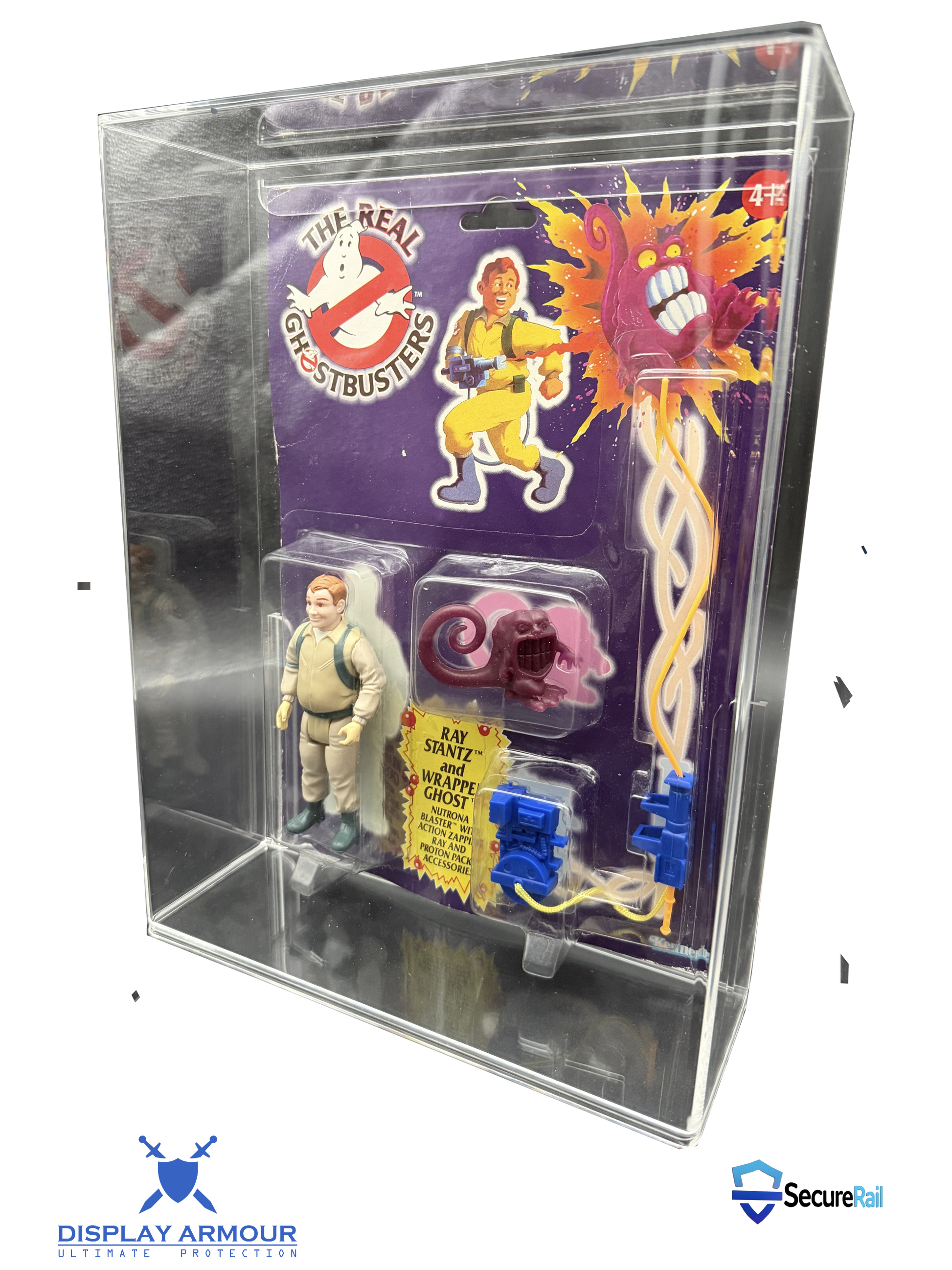 Toy figure in packaging with Ghostbusters branding, displayed in a clear stand.