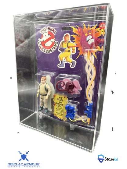 Toy figure in packaging with Ghostbusters branding, displayed in a clear stand.