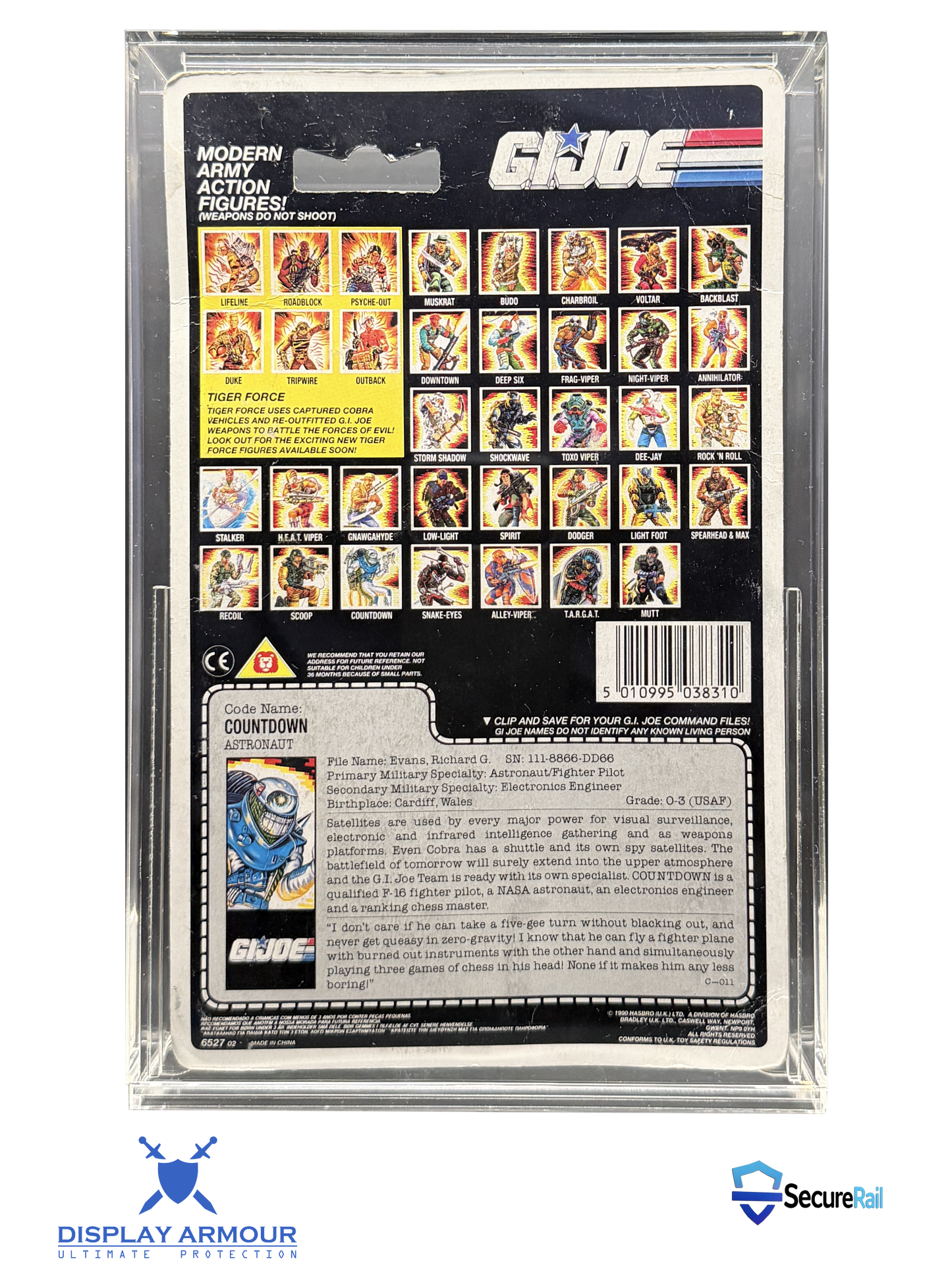 GI Joe vintage mint on card figure rear cardback in acrylic display case.