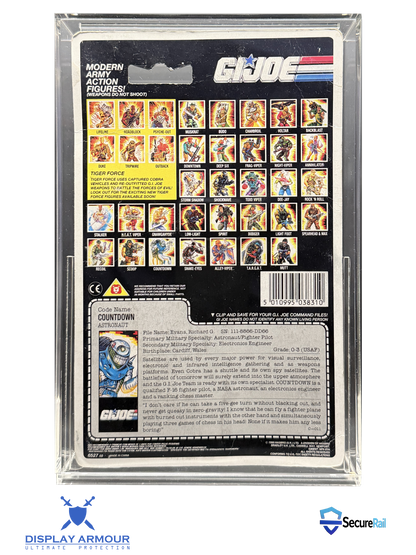 GI Joe vintage mint on card figure rear cardback in acrylic display case.