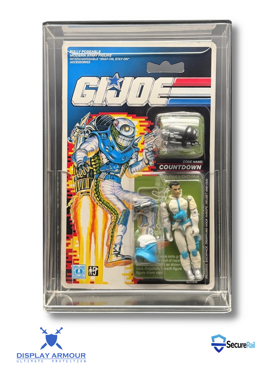 GI Joe vintage mint on card figure front view in acrylic display case.