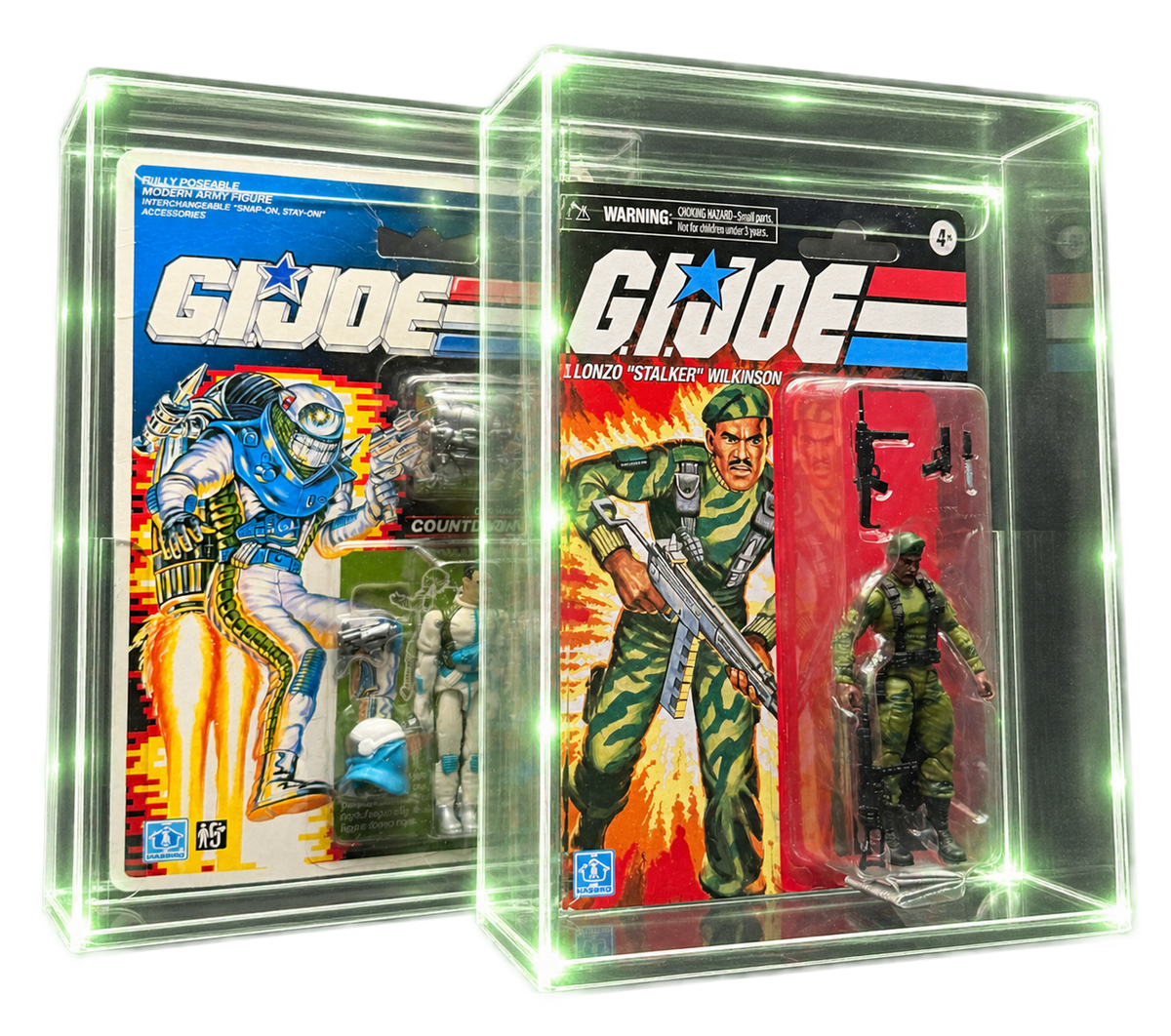 Display Armour cases protecting vintage G.I. Joe carded figures