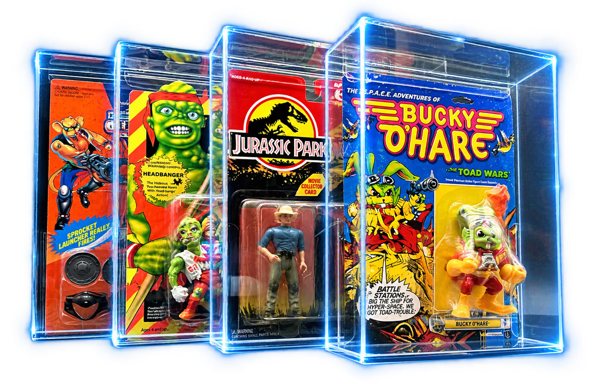 A range of action figures protected in Display Armour acrylic cases