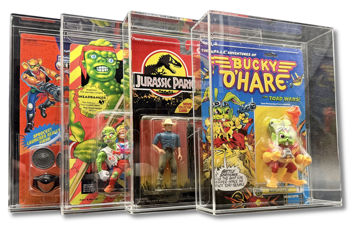 Collection of vintage action figure packaging in clear display cases.