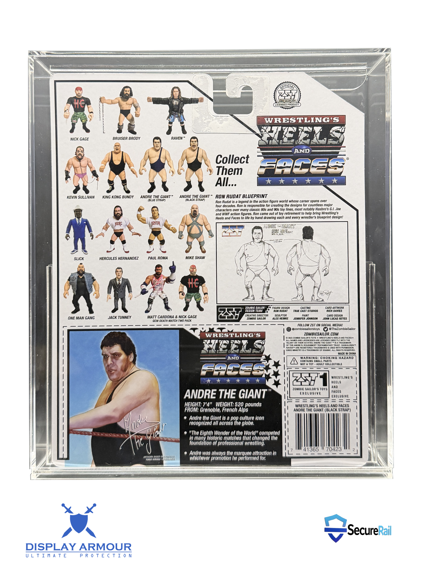 Heels & Faces Zombie Sailor Toys wrestling figure rear cardback in acrylic display case.